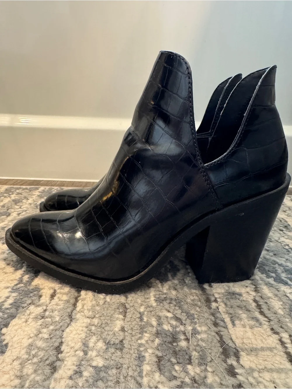 Steve Madden Black Croc-Embossed Cutout Ankle Boots